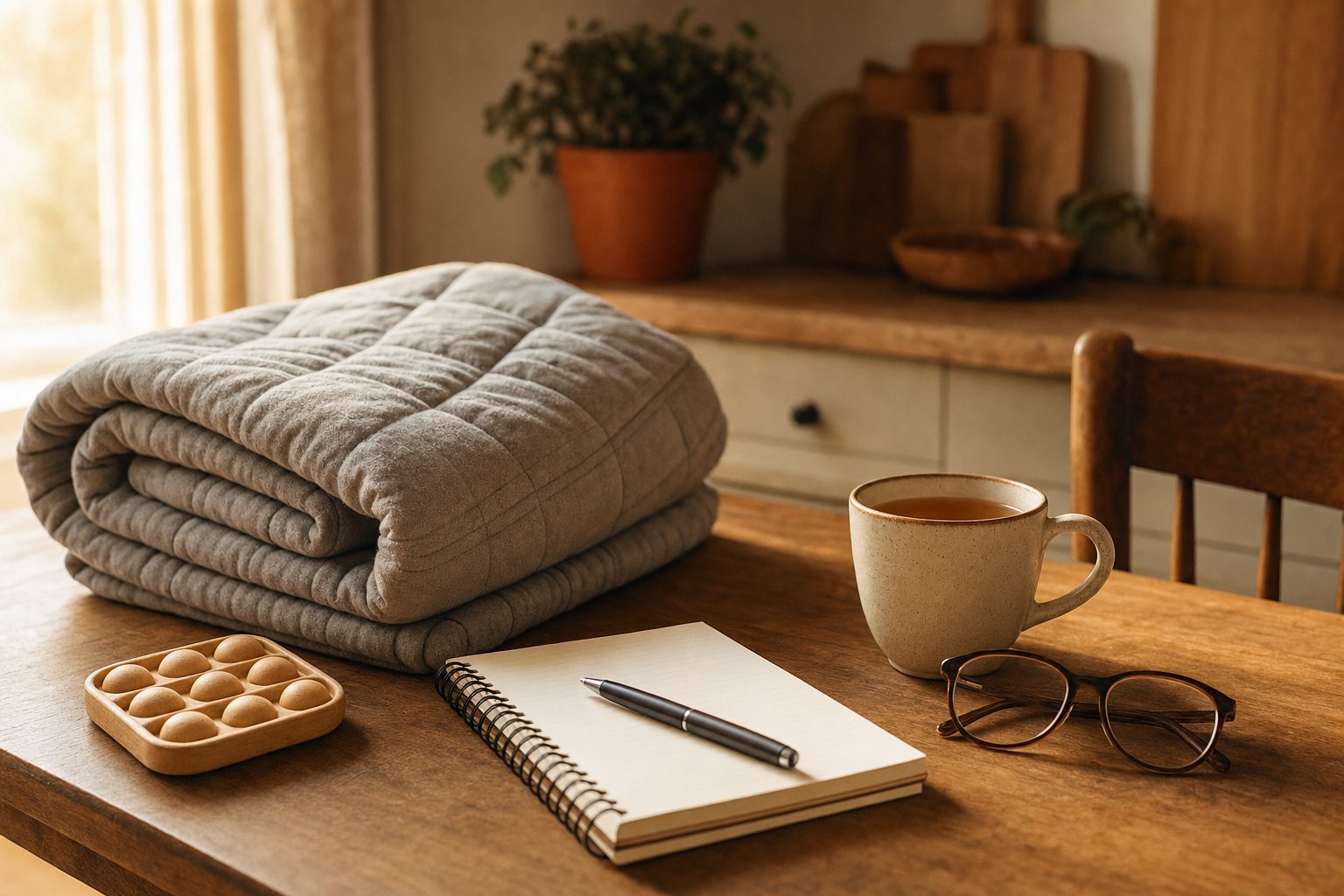 A folded weighted blanket, a fidget tool, a notebook and a mug of tea on a sunlit kitchen table.